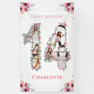 Banderoles 14e anniversaire Photo Collage Fille Fleur Rose Bl