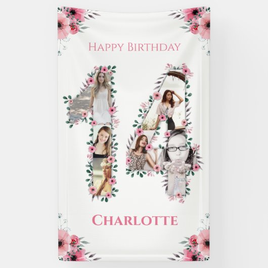 Banderoles 14e anniversaire Photo Collage Fille Fleur Rose Bl (Vertical)