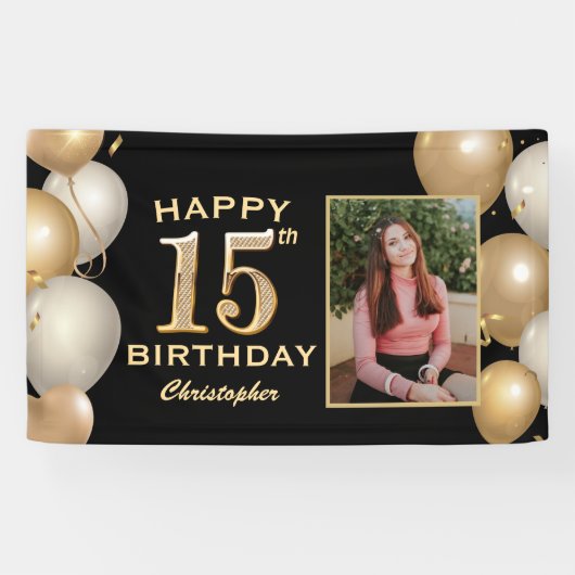 Banderoles 15e anniversaire de la fête Black and Gold Balloon (Horizontal)
