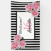 Banderoles 16e anniversaire fête noir rayures blanches floral (Vertical)
