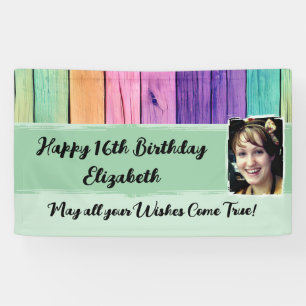 Banderoles 16e anniversaire licorne couleurs nom photo vert