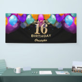 Banderoles 16e fête d'anniversaire Ballons noirs et or (Salon professionnel)