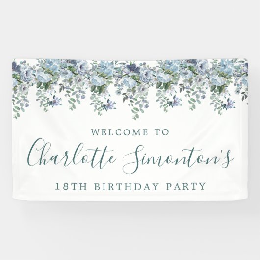 Banderoles 18e anniversaire Dusty Blue Floral Bienvenue (Horizontal)