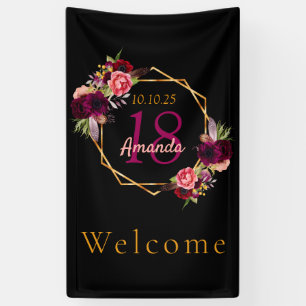 Banderoles 18e anniversaire noir floral or géométrique bordea