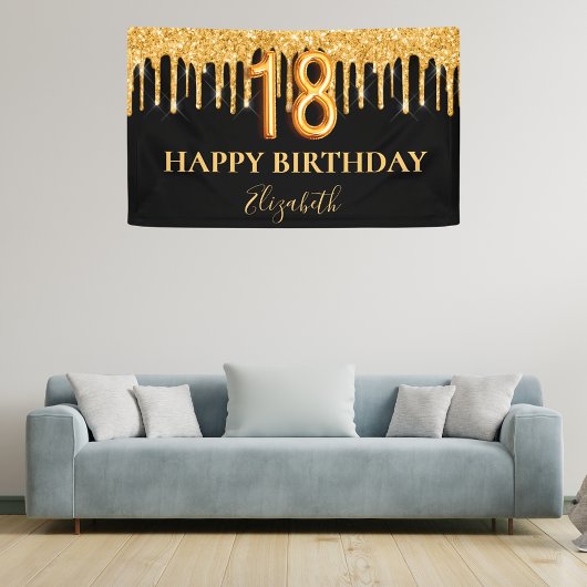 Banderoles 18e anniversaire parties scintillant en or noir bi