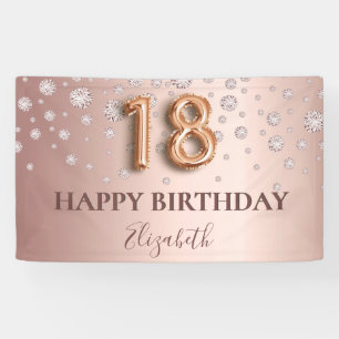 Banderoles 18e anniversaire rose or diamants script de ballon