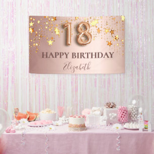Banderoles 18e anniversaire rose or étoiles script ballon ros