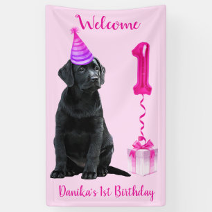 Banderoles 1er Anniversaire Chiot Thème - Mignonne Chien Rose