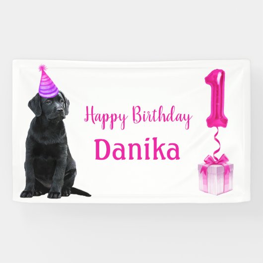 Banderoles 1er Anniversaire Chiot Thème - Mignonne Chien Rose (Horizontal)