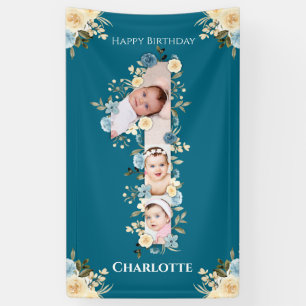 Banderoles 1er anniversaire Fleur Turquoise photo Collage ble