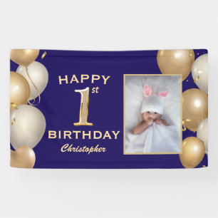 Banderoles 1er Anniversaire Marine Bleu et Ballons d'or