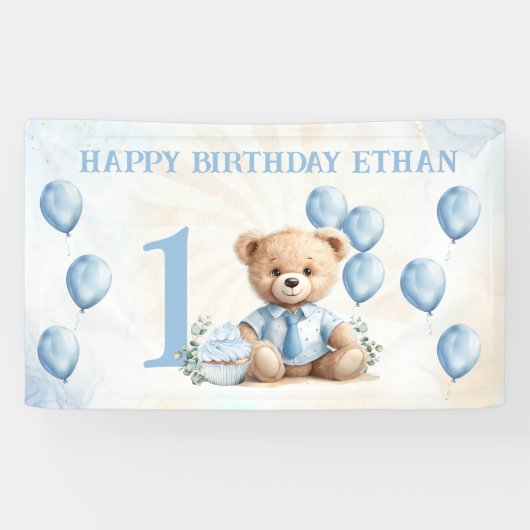 Banderoles 1er anniversaire mignon Bear Ballons Bleus Banner (Horizontal)