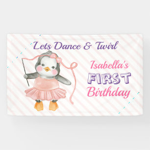 Banderoles 1er Anniversaire Mignon Manchot Ballerine Rose