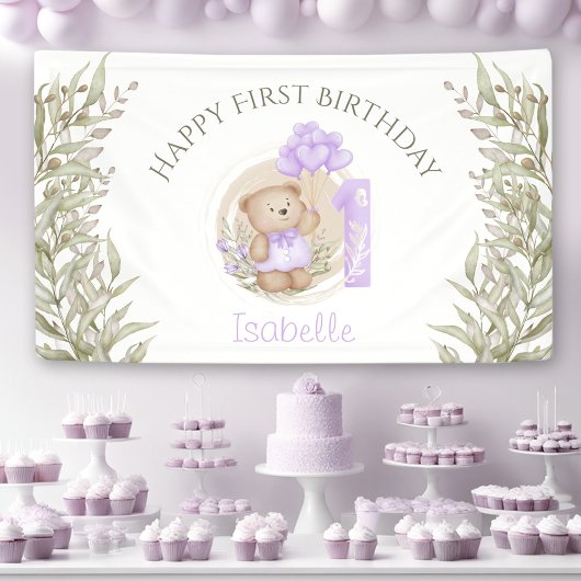 Banderoles 1er anniversaire mignon pourpre Teddy Ours vert