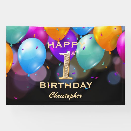 Banderoles 1ère fête d'anniversaire Ballons noirs et or (Horizontal)