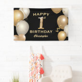 Banderoles 1ère fête d'anniversaire Ballons noirs et or (En situation)