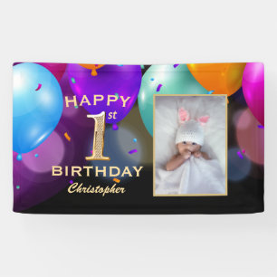 Banderoles 1ère fête d'anniversaire Ballons noirs et or Photo