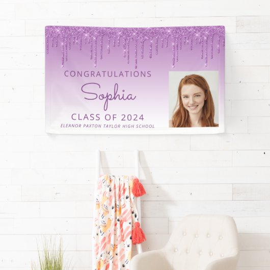Banderoles 2024 Photo Purple Parties scintillant Drip Graduat (En situation)