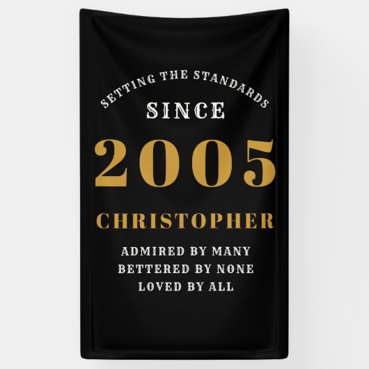 Banderoles 20e Anniversaire Né en 2005 Ajouter Nom Noir Or (Vertical)