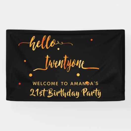 Banderoles 21e anniversaire noir or hello 21 nom script (Horizontal)