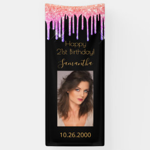 Banderoles 21e anniversaire noir rose gouttes d'or photo