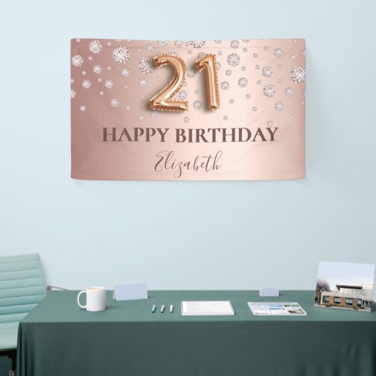 Banderoles 21e anniversaire rose or diamants script de ballon (Salon professionnel)
