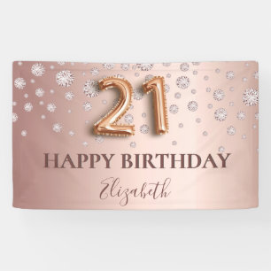 Banderoles 21e anniversaire rose or diamants script de ballon