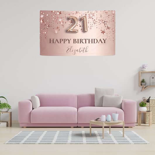 Banderoles 21e anniversaire rose or rose étoiles script ballo