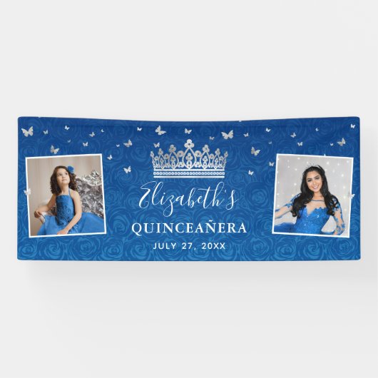 Banderoles 2 Photo Anniversaire Argent et Bleu Royal Quincean (Horizontal)