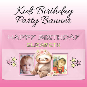 Banderoles 2 photos paresseux anniversaire nom enfants rose f