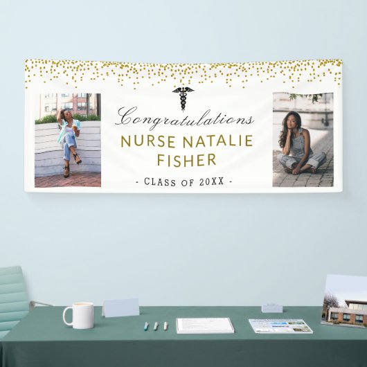 Banderoles 2 Script photo Félicitations Nurse Gold Confetti (Salon professionnel)