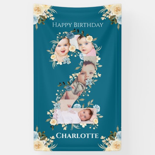 Banderoles 2e anniversaire Turquoise Fleur photo Collage bleu (Vertical)