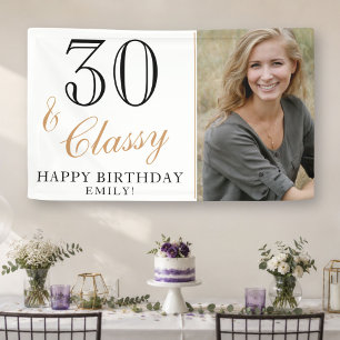 Banderoles 30 and Classy Elegant White 30th Birthday Photo