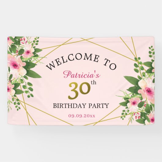 Banderoles 30e anniversaire Fête rose Florale Bienvenue (Horizontal)