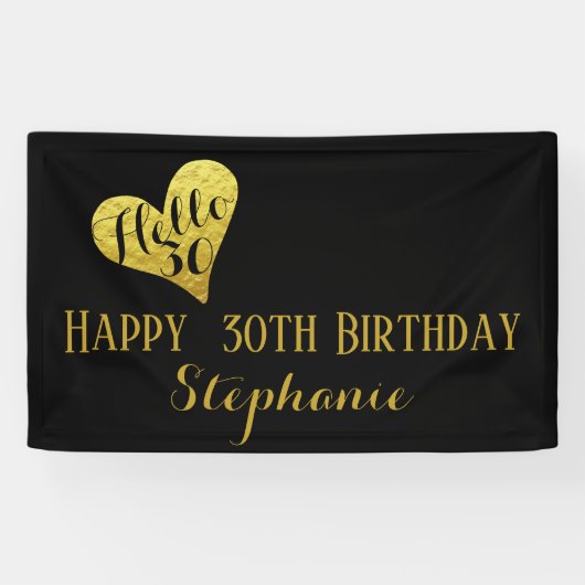 Banderoles 30e anniversaire Hello 30 Black and Faux Gold Hear (Horizontal)