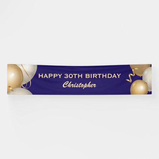 Banderoles 30e Anniversaire Marine Bleu et Ballons d'or (Horizontal)