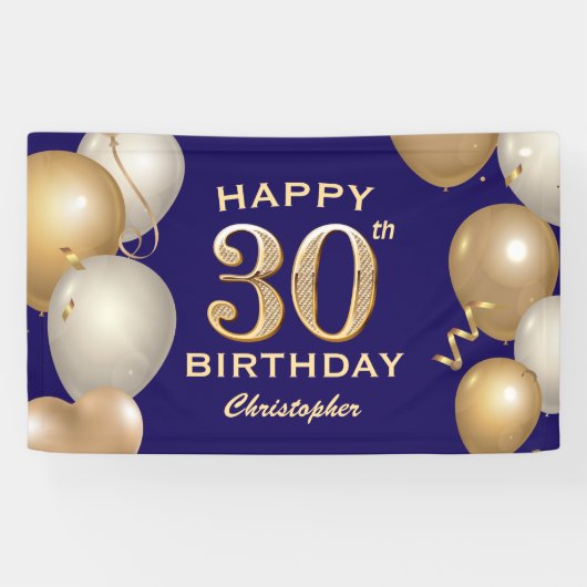 Banderoles 30e Anniversaire Marine Bleu et Ballons d'or (Horizontal)