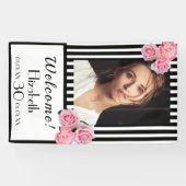 Banderoles 30e anniversaire noir blanc rayures fleurs photo (Horizontal)