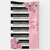 Banderoles 30e anniversaire noir rayures rose florales nom (Vertical)