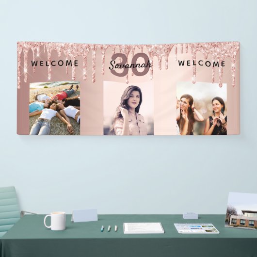 Banderoles 30e anniversaire photo rose or parties scintillant (Salon professionnel)
