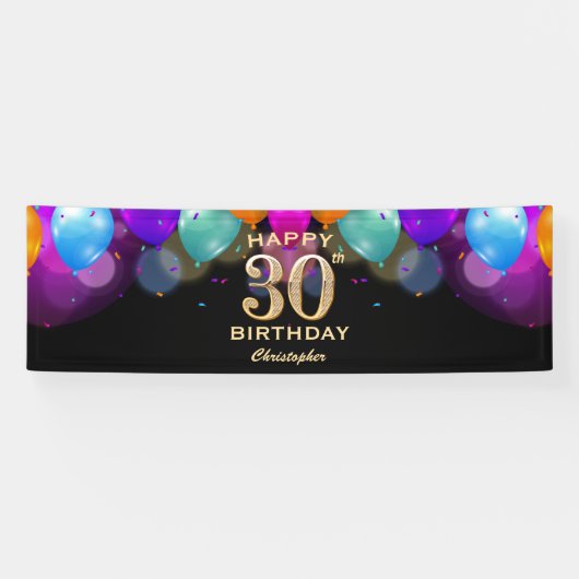 Banderoles 30e fête d'anniversaire Ballons noirs et or (Horizontal)