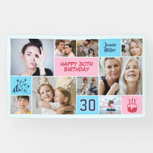 Banderoles 30th Birthday Custom Photo Collage Pink Blue (Horizontal)