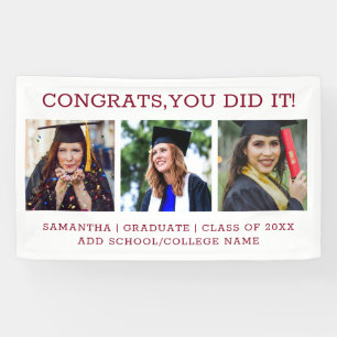 Banderoles 3 Photo Burgundy Congrats Graduate 2023 Blanc