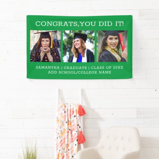 Banderoles 3 Photo Collage Félicitations Diplômés Vert (En situation)