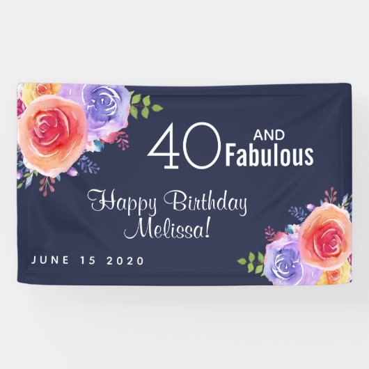 Banderoles 40 et texte fabuleux - Aquarelle Floral Anniversai (Horizontal)