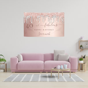 Banderoles 40 Fabuleux anniversaire rose or gouttes d'argent