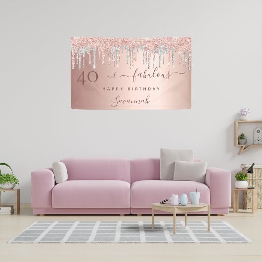 Banderoles 40 Fabuleux anniversaire rose or gouttes d'argent
