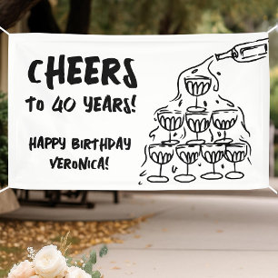 Banderoles 40e Anniversaire Champagne Dessiné à la main Banni