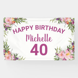 Banderoles 40e Anniversaire Fleurs Aquarelle Rose Violet