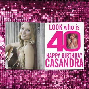 Banderoles 40e anniversaire rose look 40 photo personnalisée